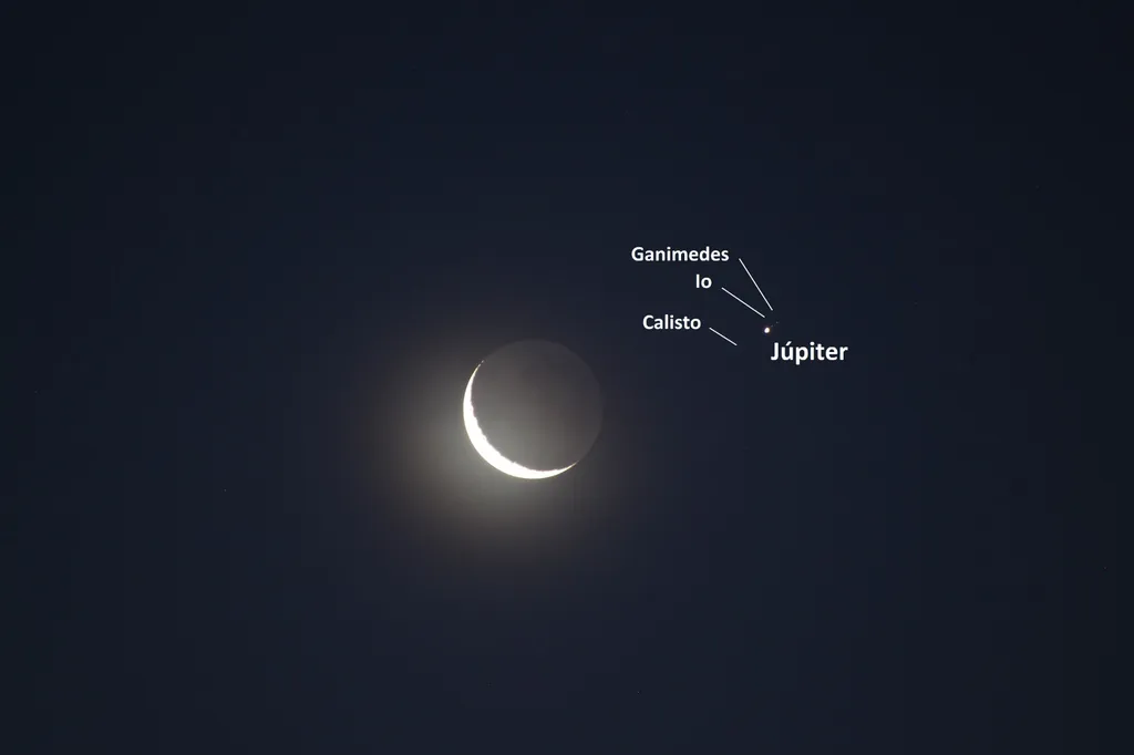 Lua, Júpiter e alguns de seus satélites naturais (Imagem: Reprodução/Rodolfo Langhi (Observatório de Astronomia da Unesp)