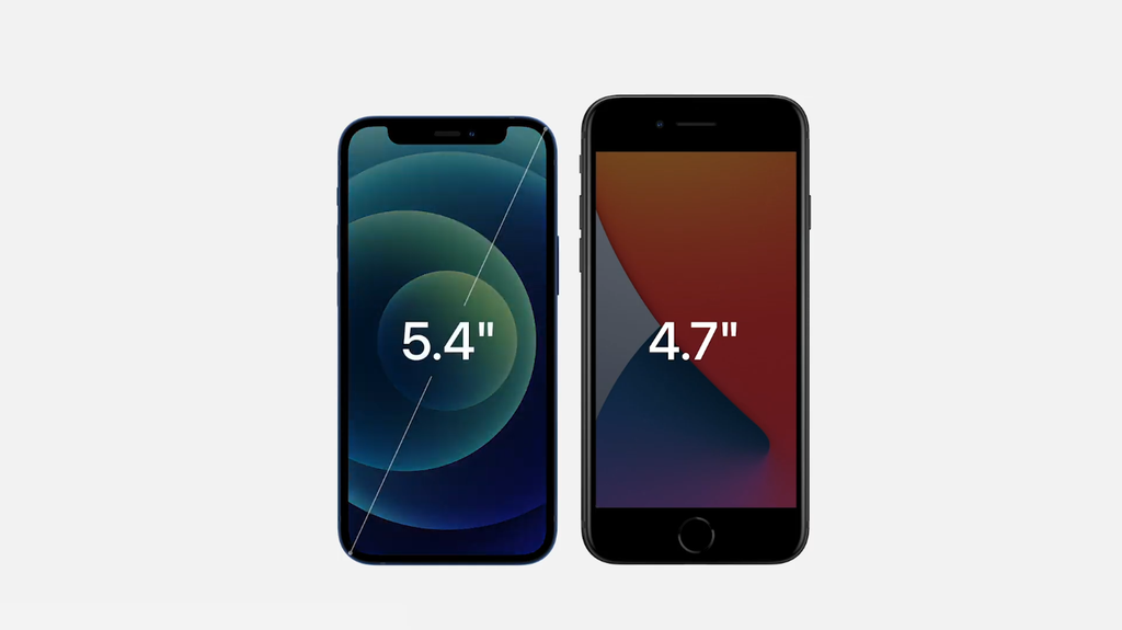 iPhone 12 mini é menor, mesmo com tela maior que o iPhone 8 e SE 2020 (Imagem: Reprodução/Apple)