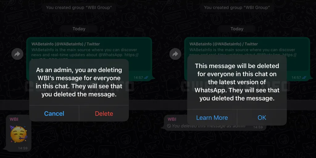 No WhatsApp Beta para iOS, administradores já podem apagar mensagens de outros membros do grupo (Imagem: Reprodução/WABetaInfo)