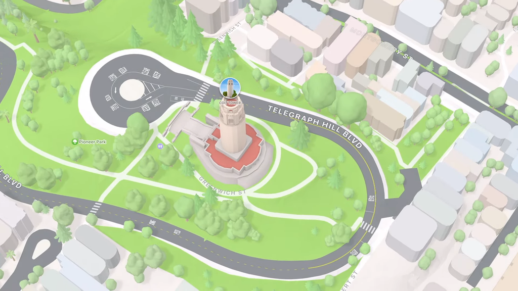 A Coit Tower, ponto turístico importante de San Francisco, é representada em detalhes no novo Apple Maps (Imagem: Reprodução/Apple)