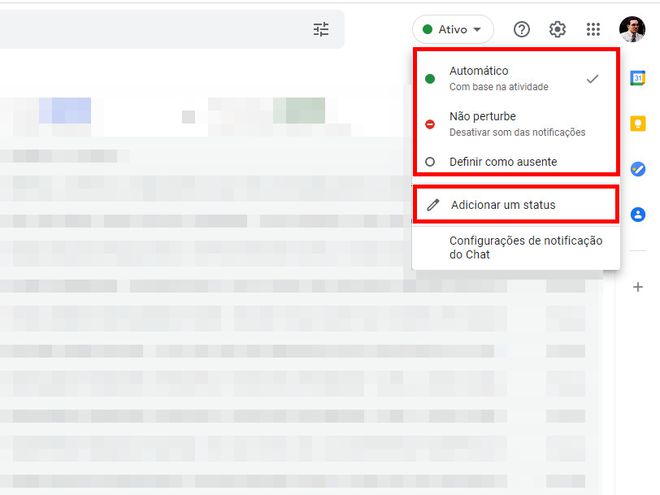 Selecione um status para o Google Chat ou clique em "Adicionar um status" (Captura de tela: Matheus Bigogno)