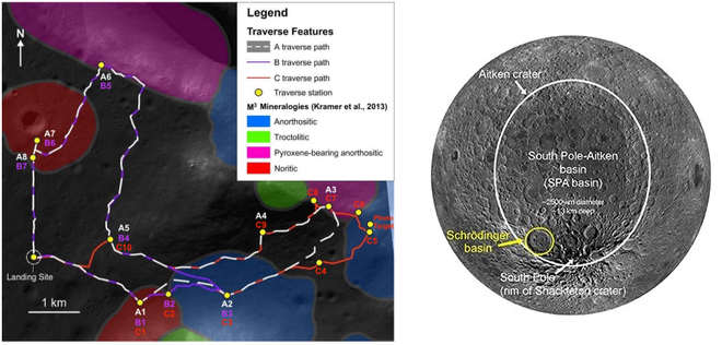 À esquerda, os caminhos possíveis prospotos pela equipe no mapa. À direita, a localização da bacia de Schrödinger no polo sul lunar (Imagem: Reprodução/Universidade de Arkansas)