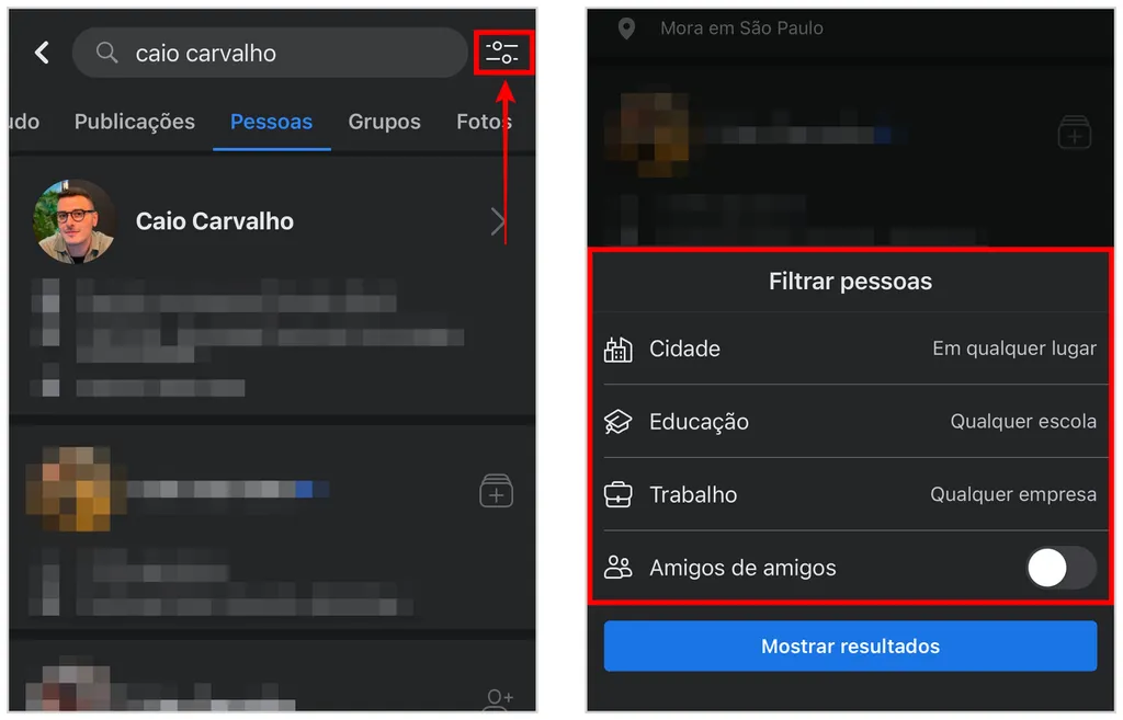 Os filtros de busca servem como complemento para achar alguém no Facebook (Captura de tela: Caio Carvalho)