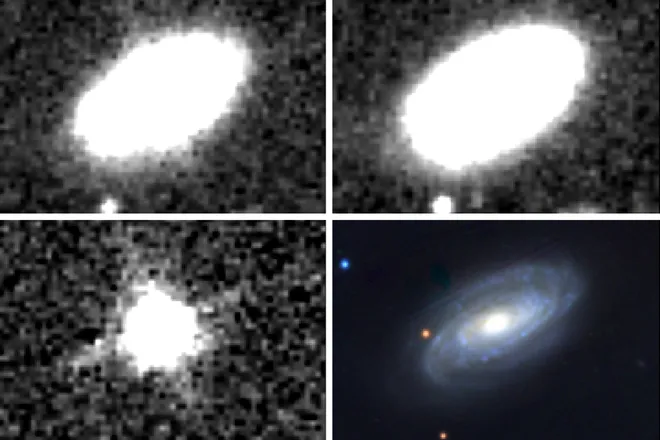 Imagens da mesma galáxia: explosão detectada (canto superior esquerdo), antes do TDE (superior direito), a diferença entre as duas primeiras imagens, representando o TDE real detectado (inferior esquerdo) e a galáxia na luz visível (inferior direito) (Imagem: Reprodução/Christos Panagiotou et al)