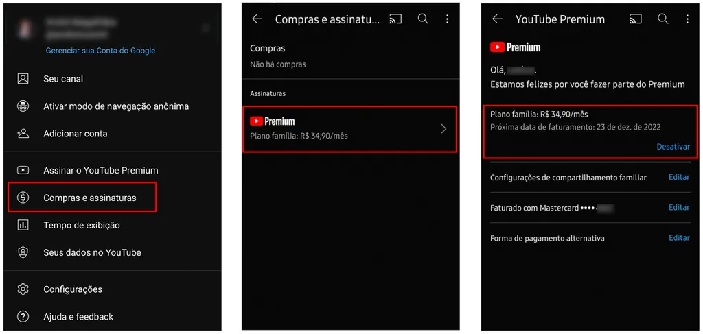 Abra o aplicativo do YouTube ou do YouTube Music para cancelar a assinatura do serviço (Captura de tela: André Magalhães)