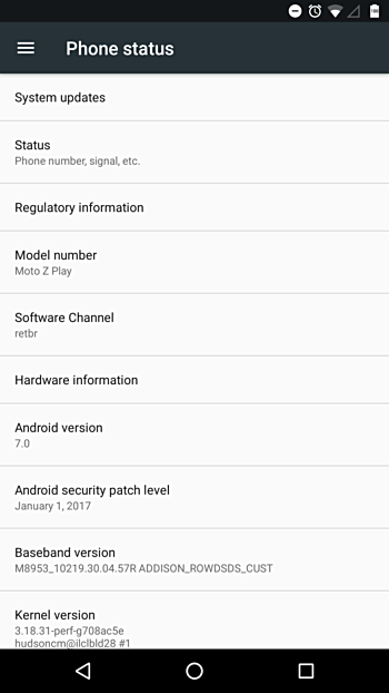Moto Z Play brasileiro já com o Android 7.0 Nougat instalado. Campo 'Canal de software' entrega localização do dispositivo