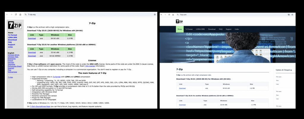 Comparativo entre o site verdadeiro e o falso: à esquerda, o oficial (Imagem: 7-Zip/Divulgação)