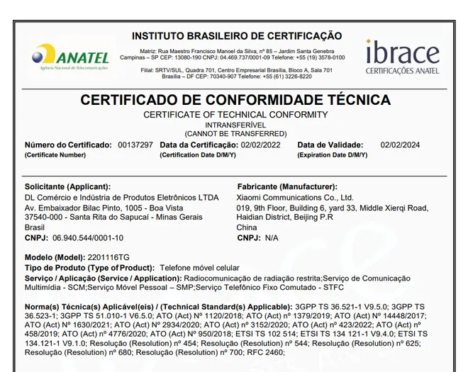 Certificado de conformidade técnica do Redmi Note 11S (Imagem: Anatel)