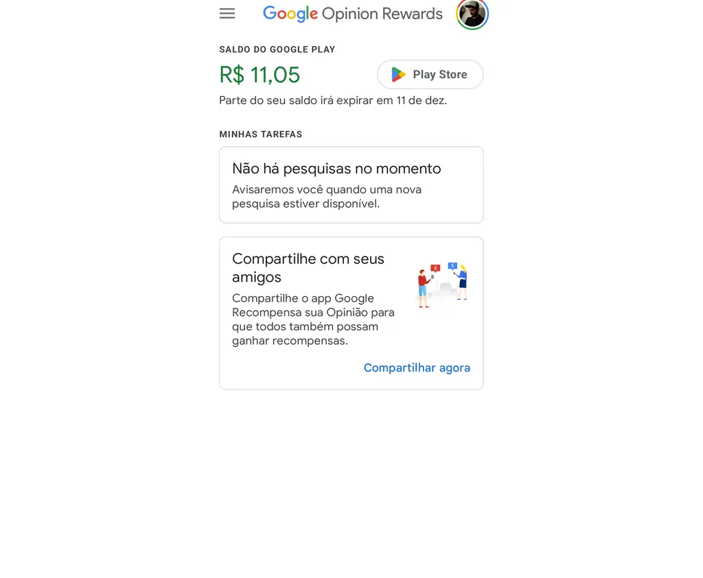 O Google Opinion Rewards oferece créditos na Play Store ao responder pesquisas (Imagem: Captura de tela/Douglas Ciriaco/Canaltech)