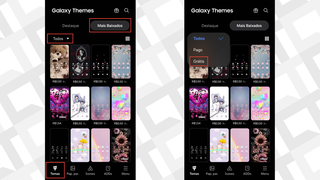 Passos para visualizar os temas gratuitos no Galaxy Themes