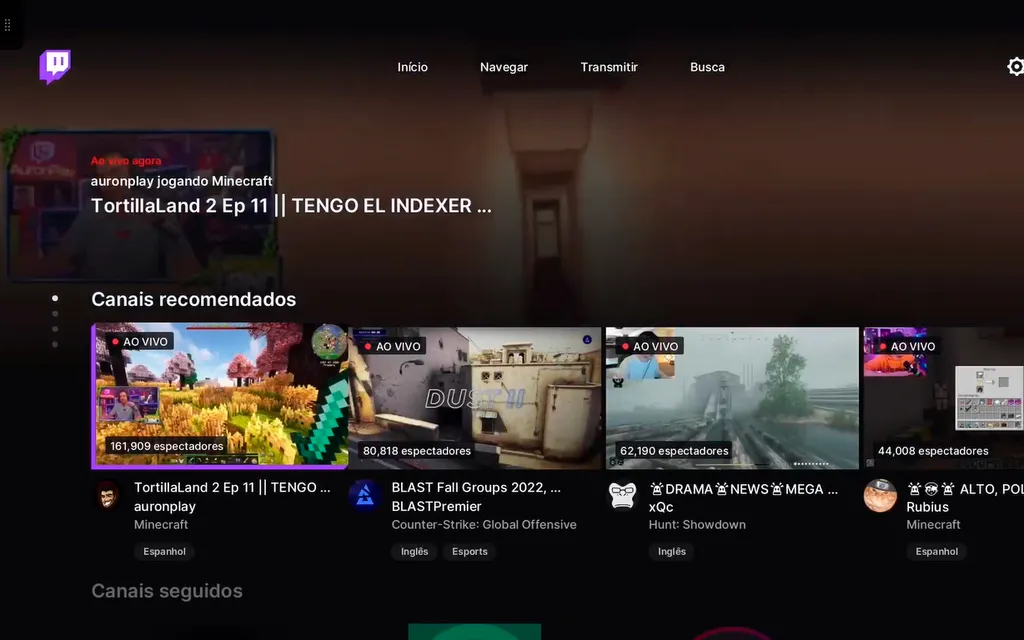 Visão geral do aplicativo da Twitch para TV (Captura de tela: Matheus Bigogno)