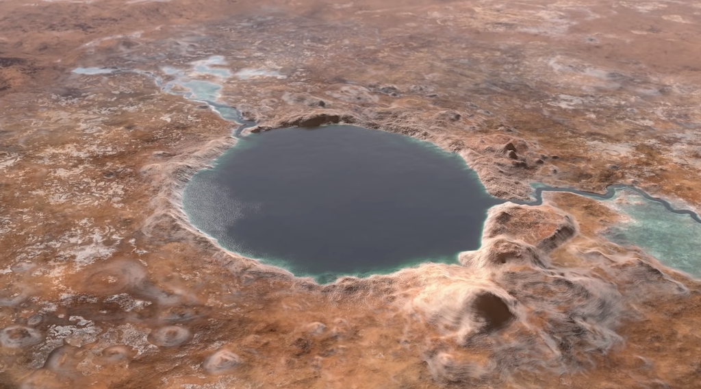 Conceito artístico de como seria a cratera coberta por água. Note como as formações que parecem sair da cratera se assemelham, de fato, com a entrada e a saída do fluxo de água (Imagem: Reprodução/NASA)