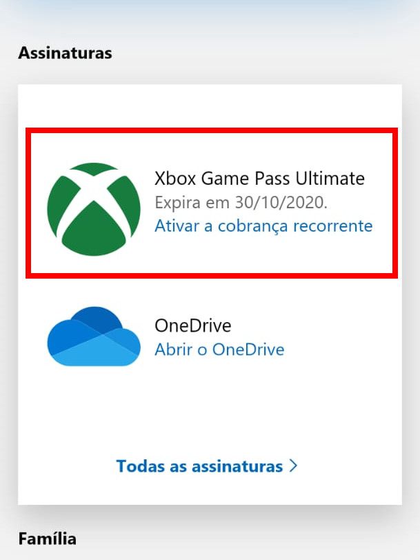 Na seção "Assinaturas" da aba seguinte, selecione a sua assinatura do Xbox Game Pass (Captura de tela: Matheus Bigogno)