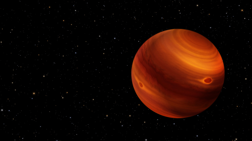 A anã marrom observada no estudo sugere ter uma atmosfera com nuvens e manchas misteriosas, vindas da Grande Mancha Vermelha de Júpiter (Imagem: Reprodução/NASA, ESA, STScI, Leah Hustak (STScI)