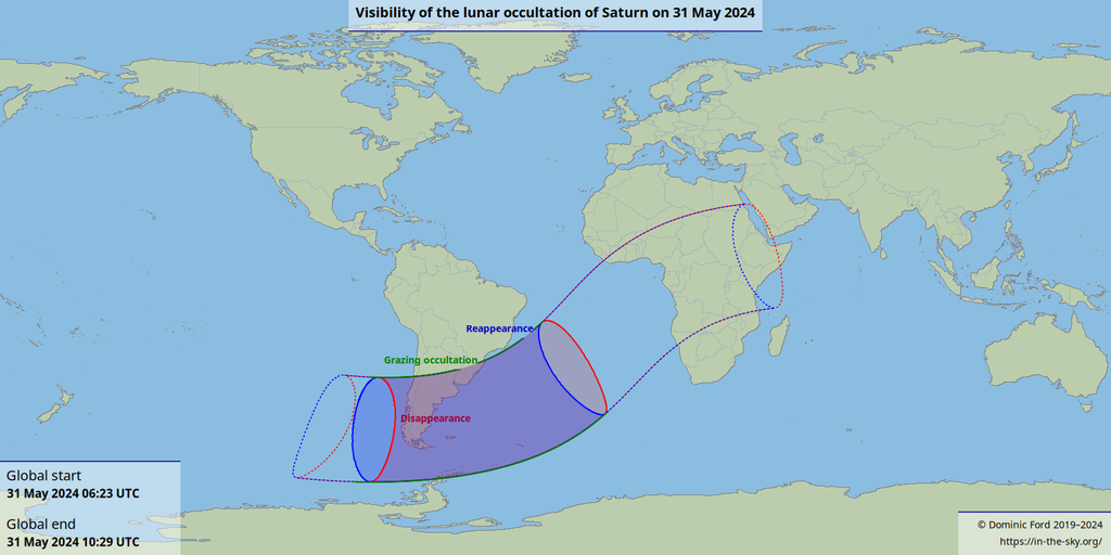 Mapa mostrando a visibilidade prevista da ocultação lunar de Saturno (ou eclipse de Saturno) — fenômeno só será visto no Brasil a partir da região sul (Imagem: Dominic Ford/In the Sky)