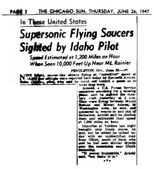 Página do jornal Chicago Sun, com matéria sobre o relato de Kenneth Arnold. Este pode ter sido o primeiro uso do termo "disco voador" (Imagem: Domínio público)