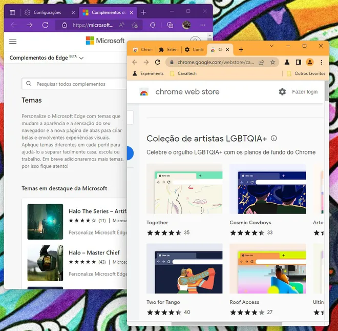 A loja do Google e da Microsoft oferecem temas personalizados mais robustos para decorar o navegador (Imagem: Igor Almenara/Canaltech)