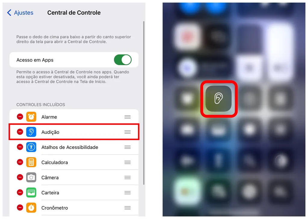 Adicione o recurso Audição à Central de Controle do seu iPhone (Captura de tela: Lucas Wetten)