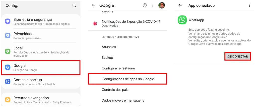 Remova o acesso do WhatsApp à conta Google para excluir backups (Captura de tela: Caio Carvalho)