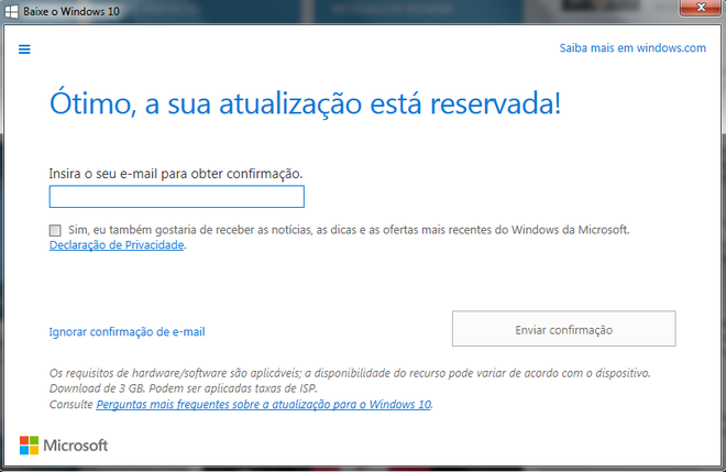 Formulário de inscrição para receber o Windows 10 gratuitamente Formulário de inscrição para receber o Windows 10 gratuitamente