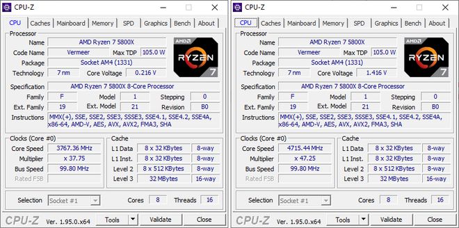 Dados fornecidos pelo CPU-Z sobre o Ryzen 7 5800X: à direita, configurações stock; à esquerda, overclock @ 4,7 GHz