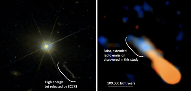 À esquerda, o quasar 3C 273 observado pelo telescópio Hubble; à direita, uma foto de ondas de rádio do objeto, feita pelo ALMA (Imagem: Reprodução/Komugi et al., NASA/ESA Hubble Space Telescope)
