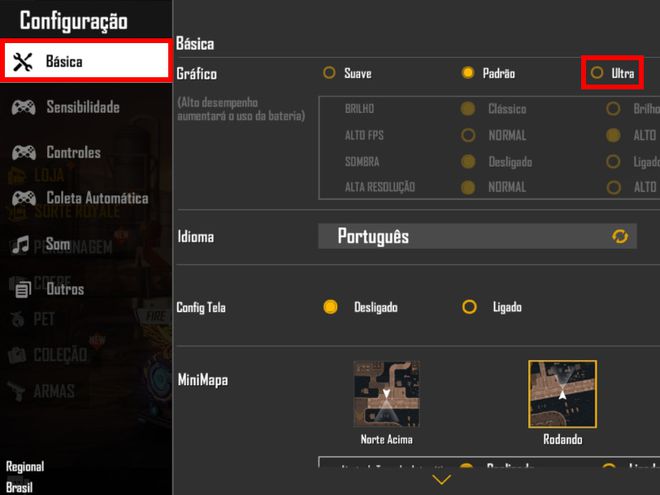 Acesse o menu "Básica" e selecione o item "Ultra" no item "Gráfico" (Captura de tela: Matheus Bigogno)