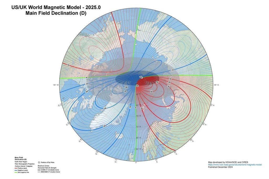 O modelo magnético mundial de 2025, nesta imagem, mostra onde o norte magnético da Terra ficará durante os próximos cinco anos (Imagem: NOAA/NCEI)