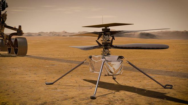 Ilustração do helicoptero Ingenuity na superfície marciana (Imagem: Reprodução/NASA)