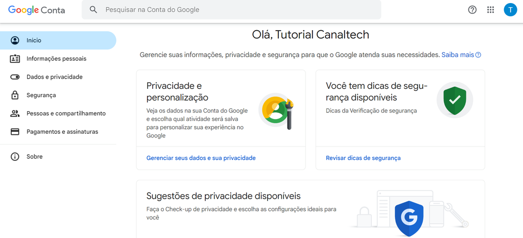 Página inicial de uma conta no Google permite gerenciar as configurações (Imagem: Captura de tela/Guilherme Haas/Canaltech)