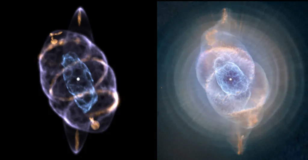 À esquerda, o novo modelo 3D da Olho de Gato; à direita a imagem feita pelo Hubble (Imagem: Reprodução/Ryan Clairmont/NASA/ESA/HEIC/The Hubble Heritage Team)