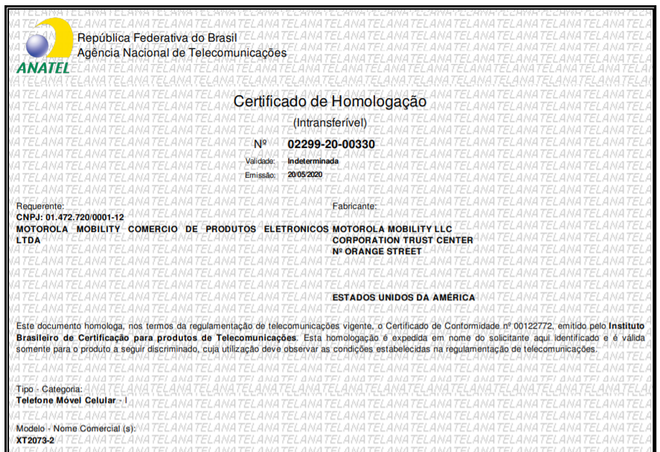 Certificação do Motorola XT2073-2 (Imagem: Reprodução/Anatel)