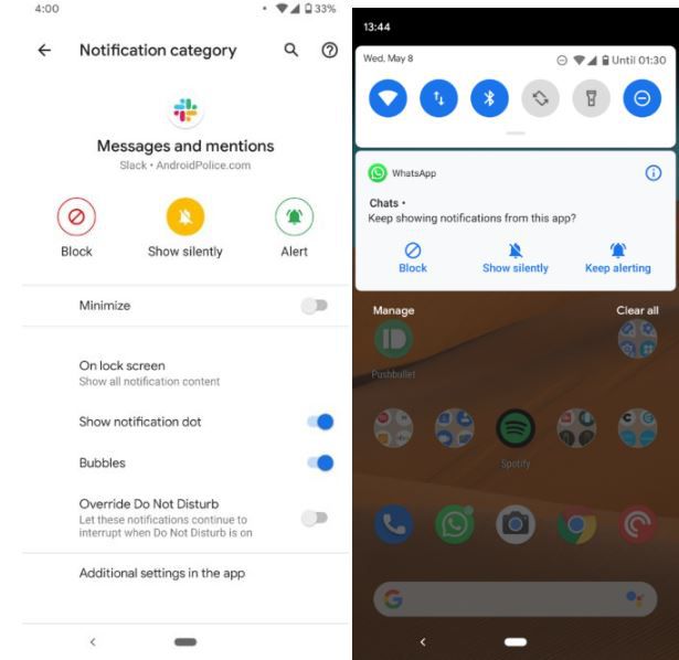 Opções Bloquear, Mostrar Silenciosamente e Alertar, do Android 9 Pie, estão "escondidas" no beta Android Q. Imagem: Reprodução / Android Police
