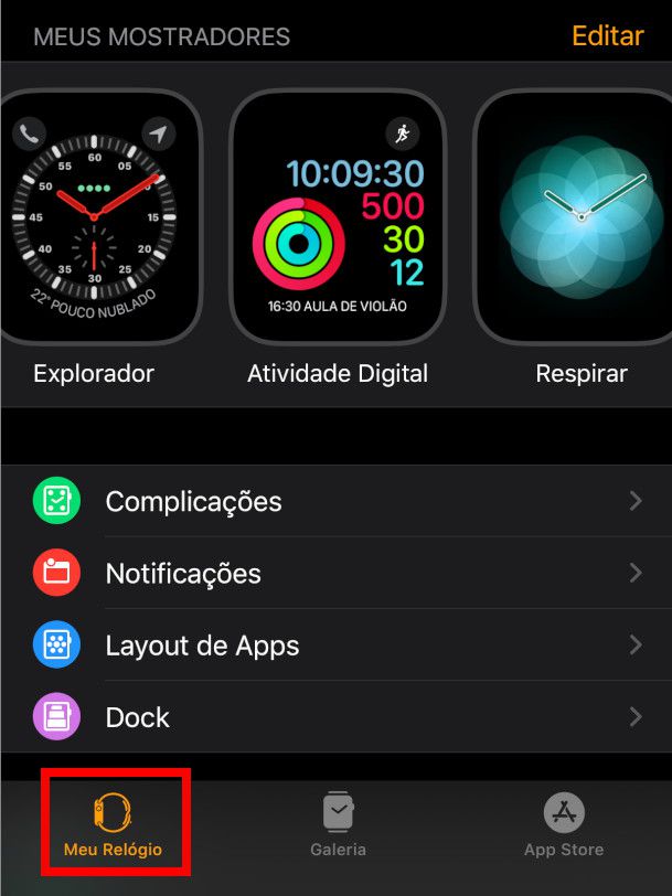 Abra o app "Watch" e clique em "Meu relógio" no canto inferior esquerdo (Captura de tela: Camila Rinaldi)