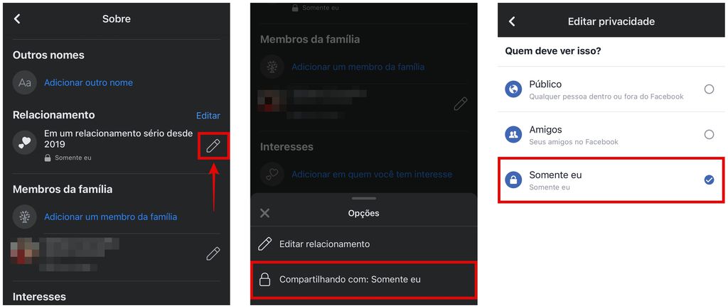 No app do Facebook para celular, é possível mudar opções de privacidade para relacionamento (Captura de tela: Caio Carvalho)