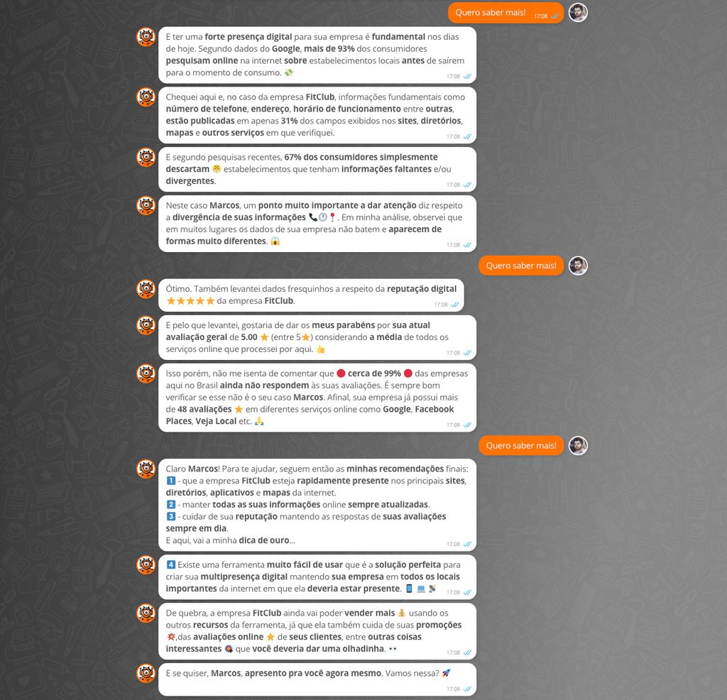 Chat onde o bot da plataforma que informa o empreendedor sobre a presença digital da sua empresa  (Foto: divulgação)