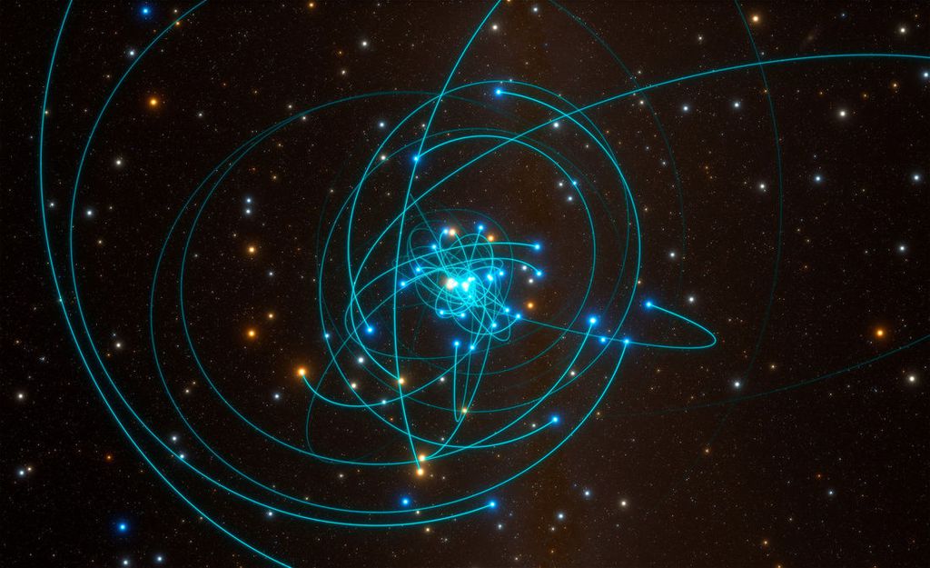 Simulação de estrelas quentes e massivas ao redor de um buraco negro supermassivo (Imagem: Reprodução/ESO/L. Calçada/spaceengine.org)