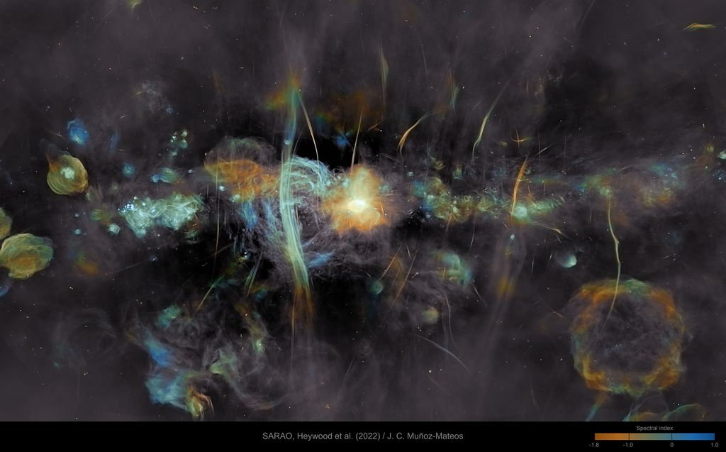 O coração da Via Láctea, registrado em ondas de ráido (Imagem: Reprodução/ Ian Heywood (Oxford U.), SARAO/Juan Carlos Munoz-Mateos (ESO)