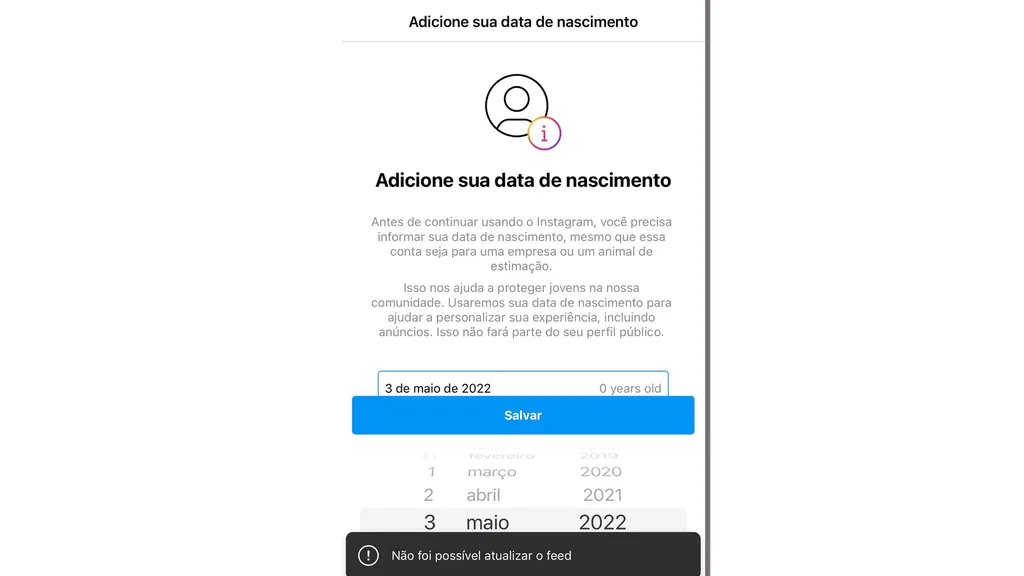 Quem não preencheu a data antes precisará declarar a idade para usar o Instagram (Imagem: Captura de tela/Alveni Lisboa/Canaltech)