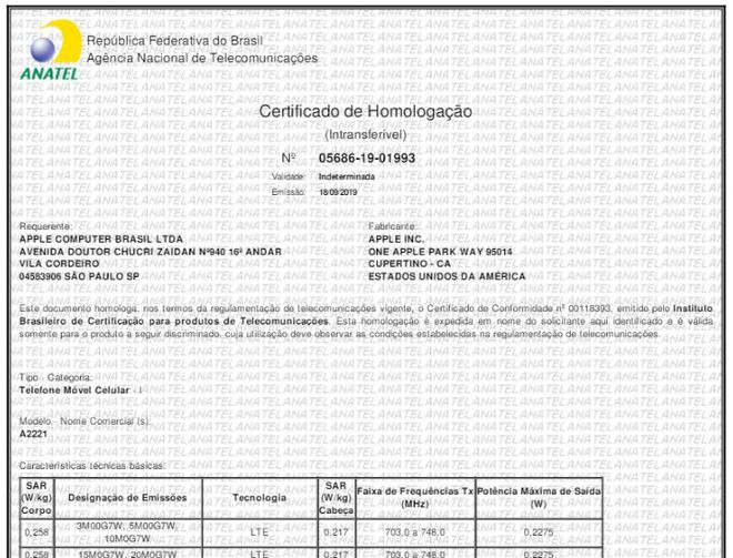 Certificado de homologação do iPhone 11