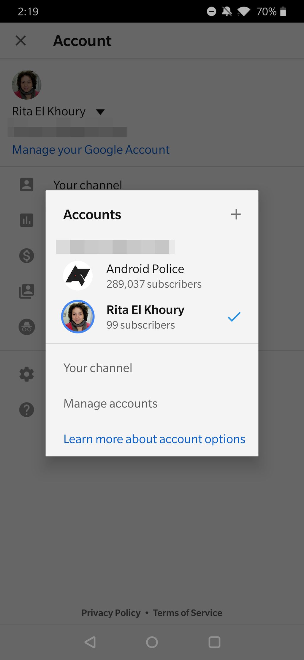 Nova versão do gerenciador de contas do YouTube (Imagem: Reprodução/Android Police)