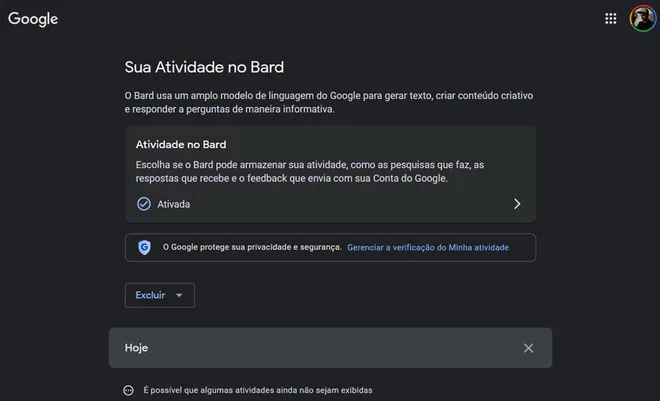 Bard não fala português, mas suas configurações já estão localizadas (Imagem: Captura de tela/Douglas Ciriaco/Bard)