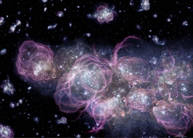 A impressão artística do universo primitivo, na época da explosão da hipernova (Crédito da imagem: NASA / Adolf Schaller)