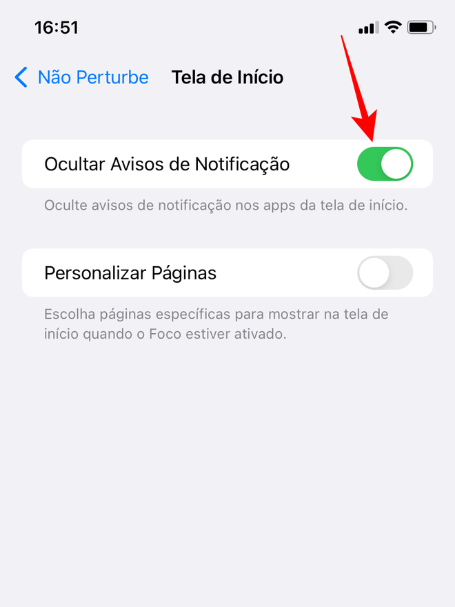 Ative a opção "Ocultar Avisos de Notificações" para sumir os balões vermelhos de aviso na tela inicial - Captura de tela: Thiago Furquim (Canaltech)