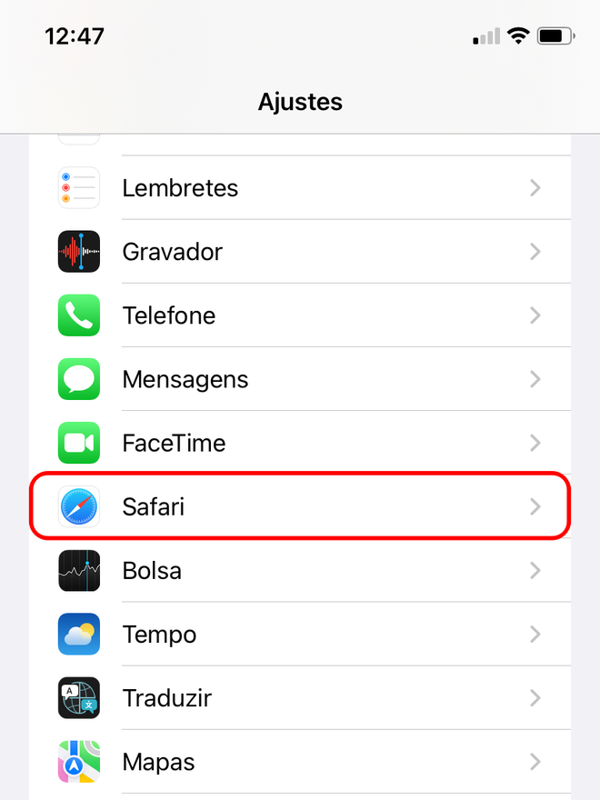Abra as configurações do Safari no app Ajustes - Captura de tela: Thiago Furquim (Canaltech)