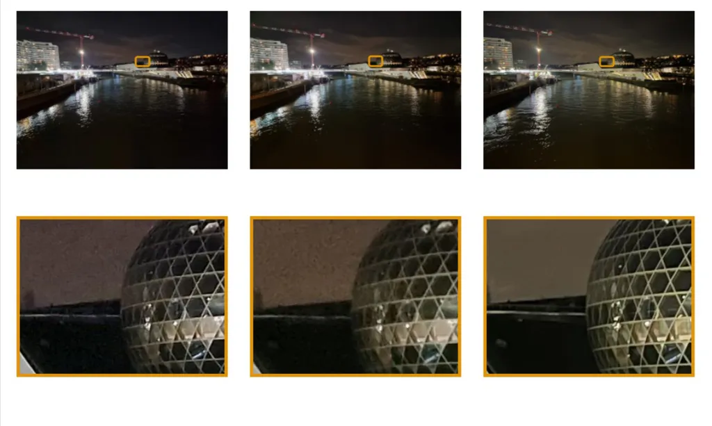 Fotos noturnas apresentam mais ruído no S22 Ultra (esquerda) e S21 Ultra (centro) do que no iPhone 13 (direita) (Imagem: Reprodução/DXOMARK)