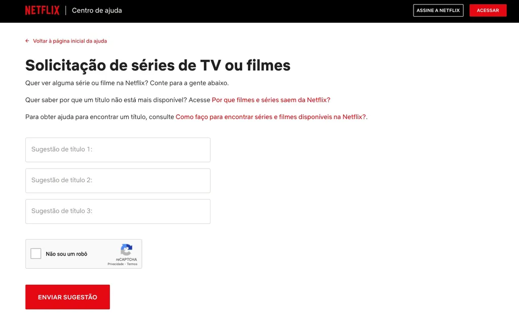 Como pedir filmes e séries na Netflix: é possível mandar três sugestões por vez (Captura de tela: Caio Carvalho)