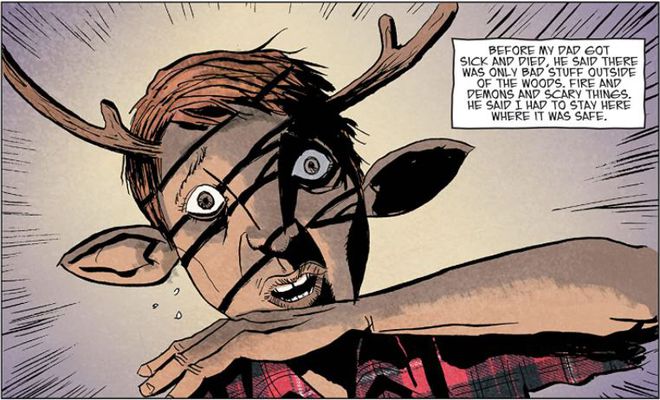 Sweet Tooth mistura bem a inocência de Gus com a brutalidade do mundo à sua volta (Imagem: Reprodução/DC Comics)