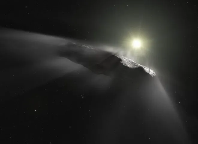 Representação de Oumuamua, o primeiro objeto interestelar identificado (Imagem: Reprodução/ESA/HUBBLE, NASA, ESO, M. KORNMESSER)
