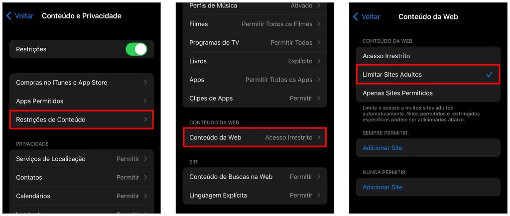iPhone tem opção para limitar páginas impróprias bloquear sites no celular (Captura de tela: Caio Carvalho)